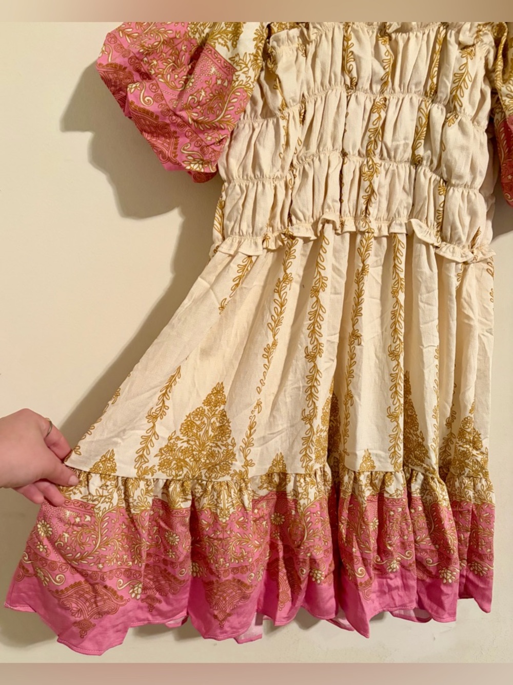 NWT Umgee Cream Dress w Pink & Gold Sz M Bows Cottagecore Boho Milkmaid Romantic - Picture 11 of 11